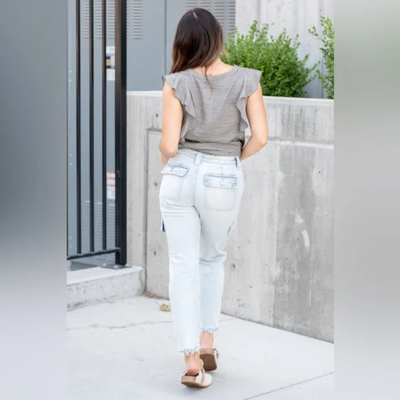 KanCan Winston High Rise Cargo Slim Straight Light Wash Raw Hem Jeans Size 24 - Picture 3 of 10